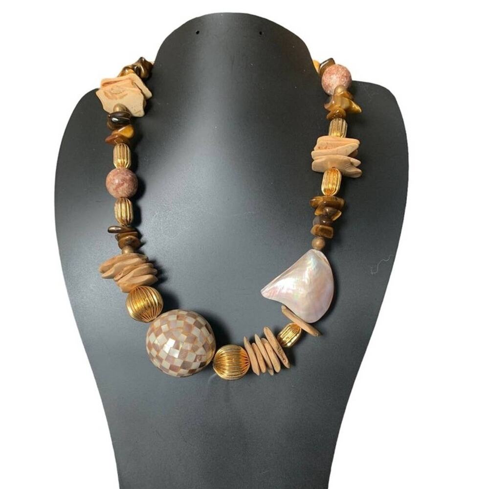 CAROLYN TANNER Wood Stone Shell Organic Statement Necklace